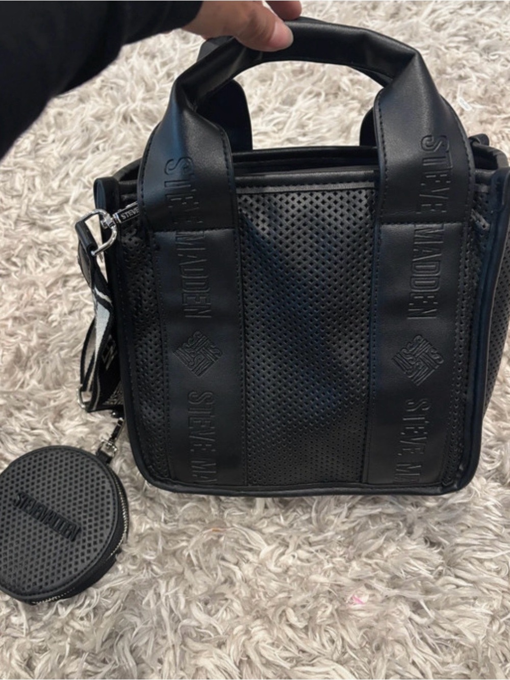 Steve Madden Black Perforated Top-Handle Messenger Bag with Coin Pouch